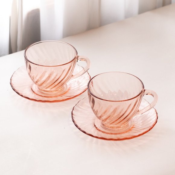 [ SOLD ] Arcoroc Rosaline Pink Swirl France Glass Tea Cups and Saucers Set of 2 - Picture 1 of 11